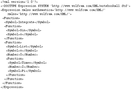 <?xml version='1.0'?>\n<!DOCTYPE Expression SYSTEM 'http://www.wolfram.com/XML/notebookml1.dtd'>\n<Expression xmlns:mathematica='http://www.wolfram.com/XML/'\n    xmlns='http://www.wolfram.com/XML/'>\n <Function>\n  <Symbol>Integrate</Symbol>\n  <Function>\n   <Symbol>Sin</Symbol>\n   <Symbol>x</Symbol>\n  </Function>\n  <Function>\n   <Symbol>List</Symbol>\n   <Symbol>x</Symbol>\n   <Number>0</Number>\n   <Function>\n    <Symbol>Times</Symbol>\n    <Number>2</Number>\n    <Symbol>Pi</Symbol>\n   </Function>\n  </Function>\n </Function>\n</Expression>